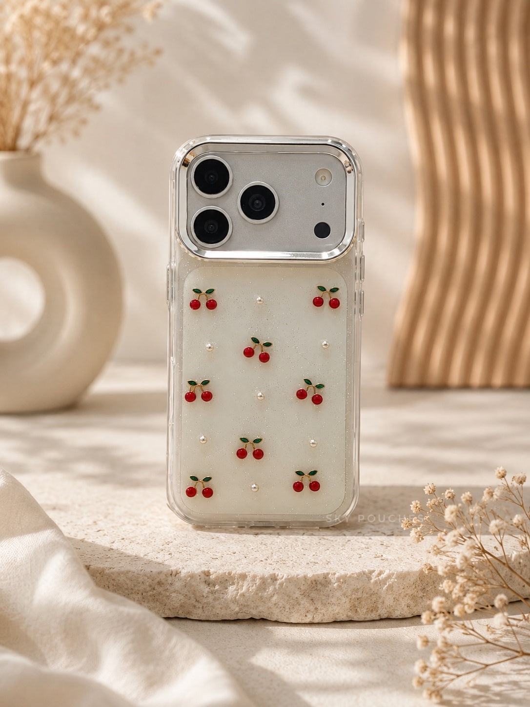 Cherry Pearl Clear Glitter Case