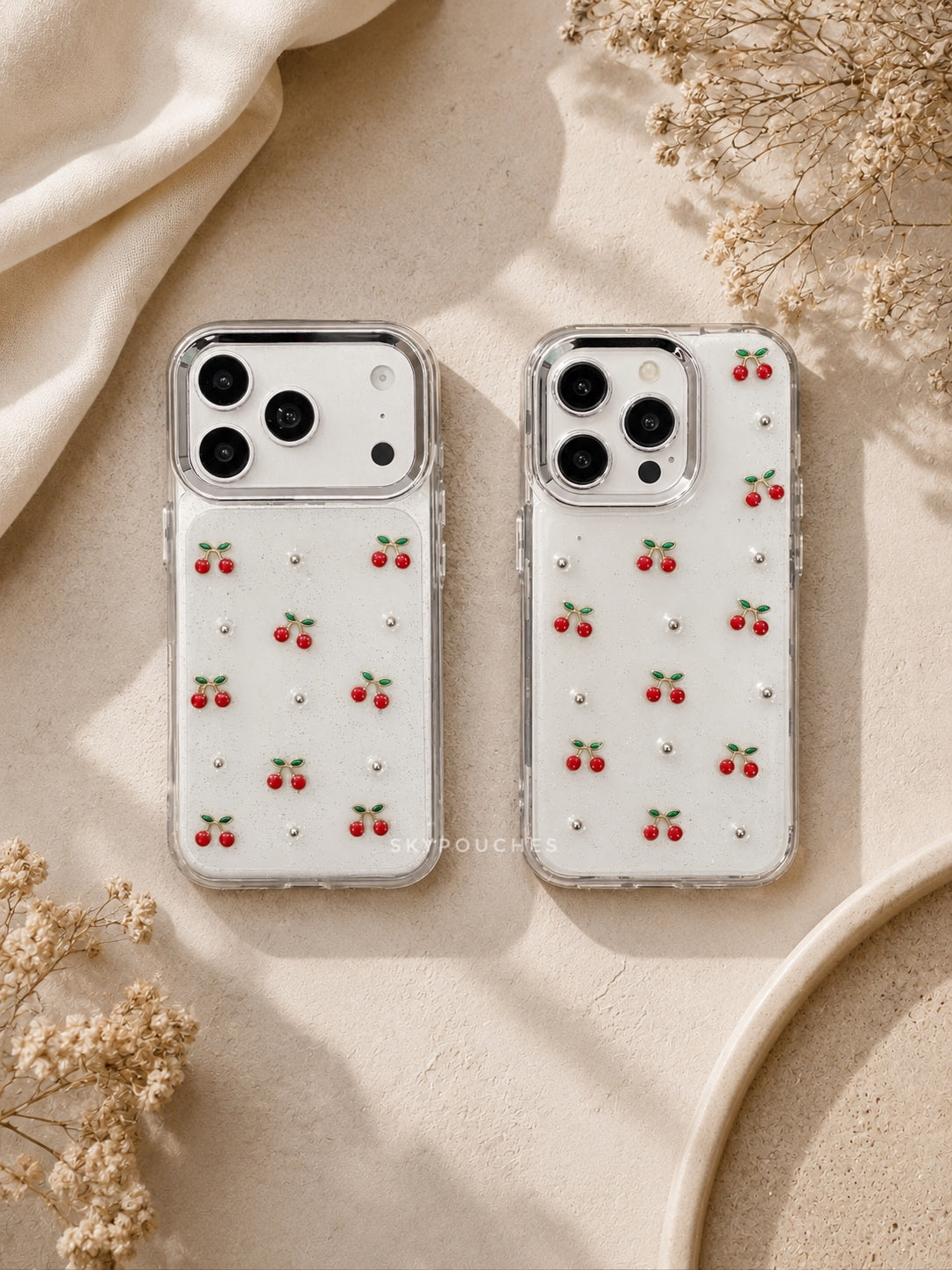 Cherry Pearl Clear Glitter Case